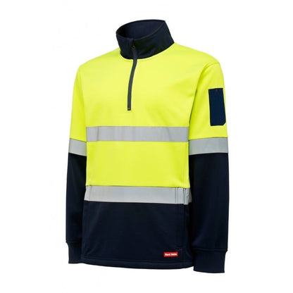 High-visibility safety jacket with reflective stripes on a white background
