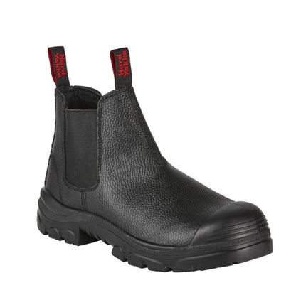 Black leather boot with red accents on a white background