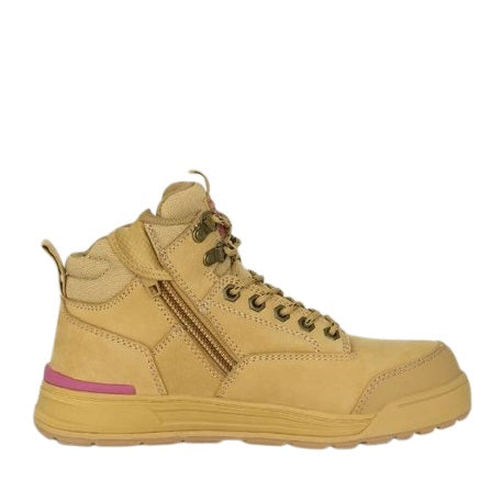 Tan high-top sneaker with a pink stripe on a white background