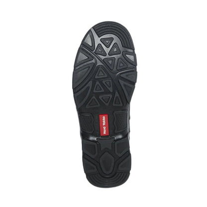 Black shoe sole with a red label on a white background
