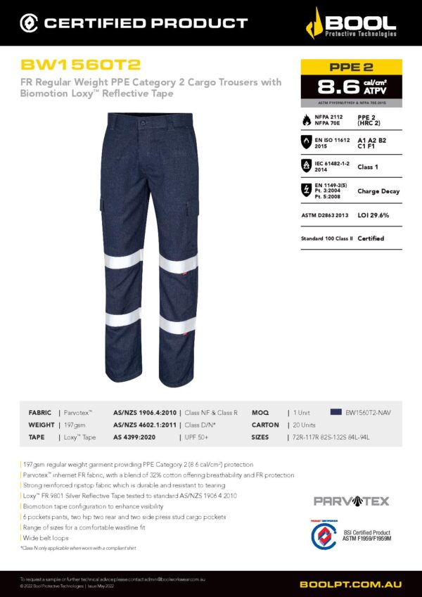 Bool BW1560T2 Regular Weight PPE2 FR Cargo Pants with Loxy™ Reflective Tape - Image 2