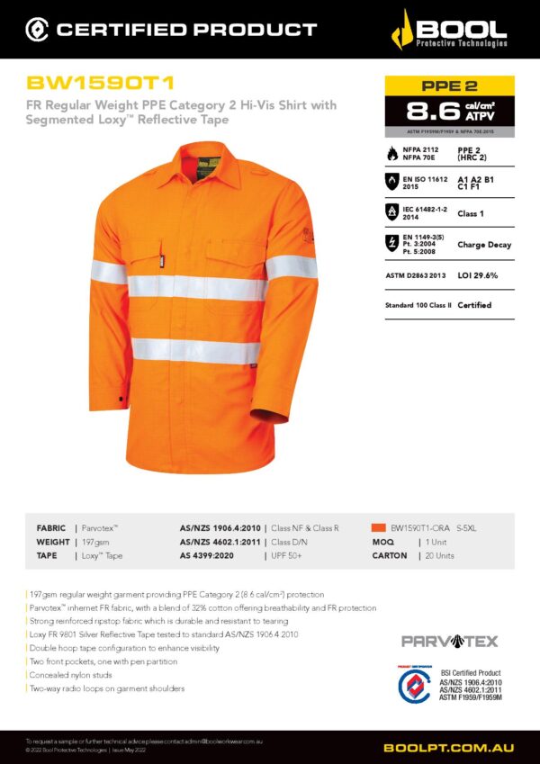 Bool BW1590T1 Reg Weight PPE2 FR Shirt with Loxy™ Reflective Tape - Image 2