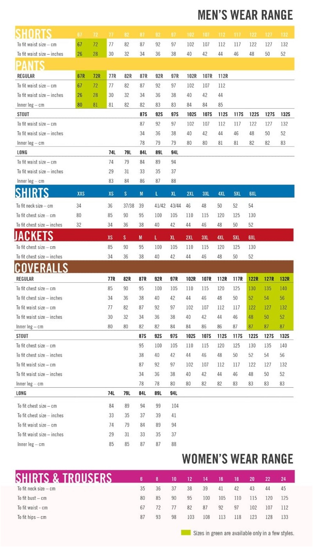 Product Size Chart