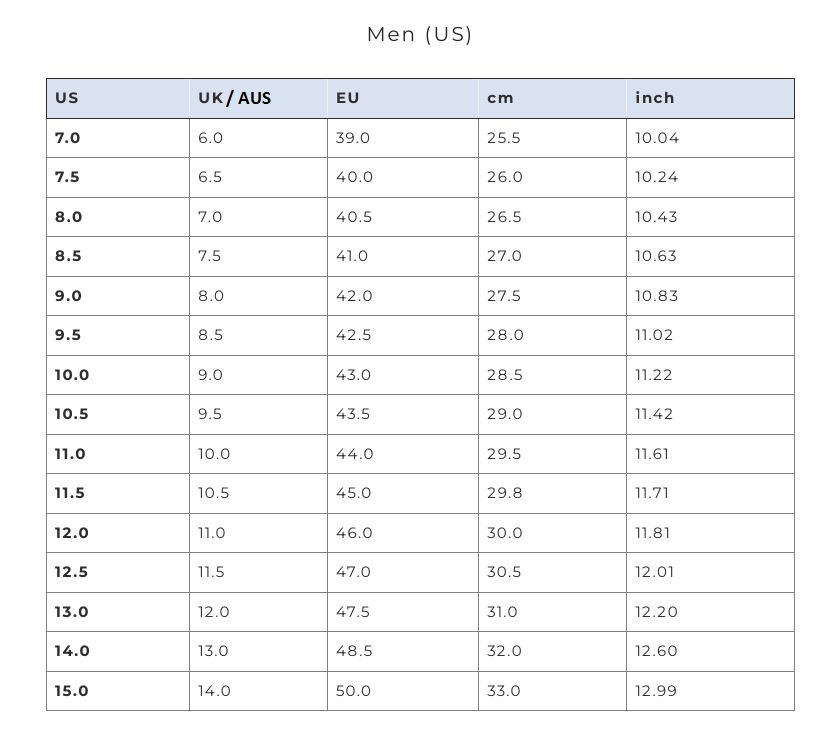 Product Size Chart