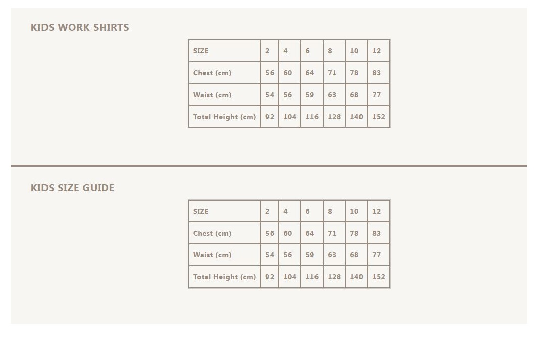 Product Size Chart