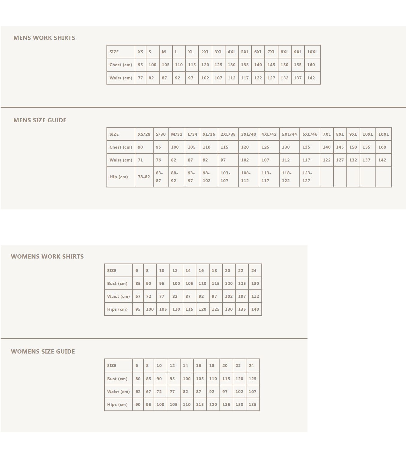 Product Size Chart